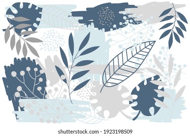 Trendy floral decor elements. Tropical template for wedding, advertising banners, invitations, covers, business cards, posters in botanical style. Modern vector abstract floral art leaves background