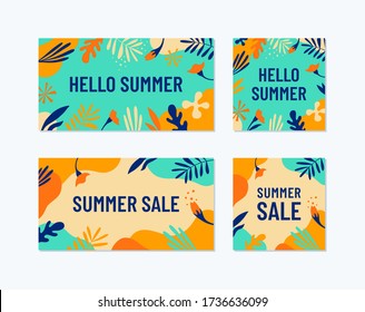 Trendy floral design. Flowers, leaves and abstract shapes in bright colors. Cool frame for your ad. Template for web banner, internet advertising, social media. Summer sale, partie, discount concept.