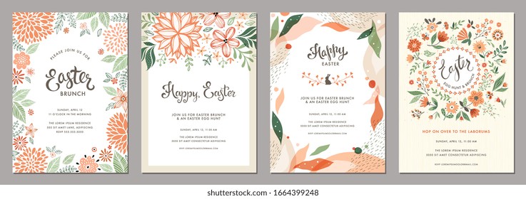 Plantillas florales de moda para Pascua. Ideal para carteles, tarjetas, invitaciones, volantes, portadas, banners, carteles, folletos y otros diseños gráficos. Ilustración vectorial.