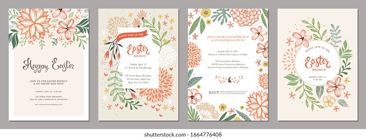 Trendy floral Easter templates. Good for poster, card, invitation, flyer, cover, banner, placard, brochure and other graphic design. Vector illustration.