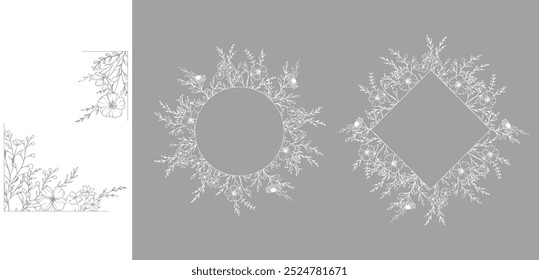 Trendy floral frames with wildflowers and leaves line art. Botanical Line Art Collection of wildflowers. Hand drawnLuxury Line Floral Art. Perfect for Elegant wedding invitations, trendy minimalist 