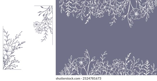 Trendy floral frames with wildflowers and leaves line art.  Hand drawn line art graphics. Luxury Line Floral Art. Perfect for Elegant wedding invitations, trendy minimalist cards , save the date