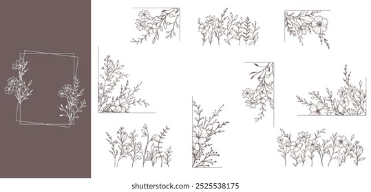 Trendy floral frames with wildflowers and leaves line art. Botanical Line Art Collection of wildflowers.line art graphics. Luxury Line Floral Art. Perfect for Elegant wedding invitations, trendy 