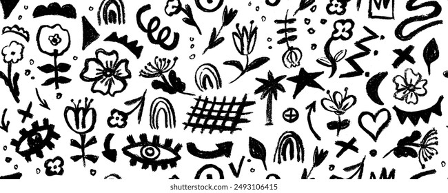 Trendy floral and geometric seamless pattern for fabric design. Flowers in Japanese style black and white texture. Summer vector illustration. Abstract grunge texture. Hand drawn brush pattern.