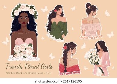 Trendy floral girls sticker pack with elegant women, motivational quotes and spring flowers. Perfect for planners, self-care projects, social media and fashion design. Vector. 