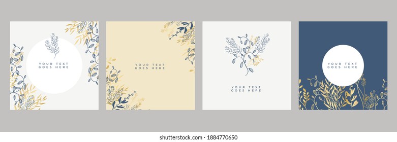 Trendy floral gold and white background design templates. Good for poster, card, cover, banner, placard, brochure. Universal hand drawn floral templates for birthday invitations, menu and baby shower