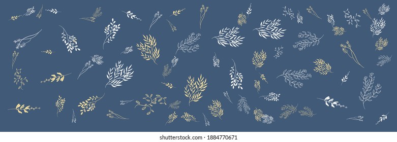 Trendy floral gold and white background design templates. Good for poster, card, cover, banner, placard, brochure. Universal hand drawn floral templates for birthday invitations, menu and baby shower