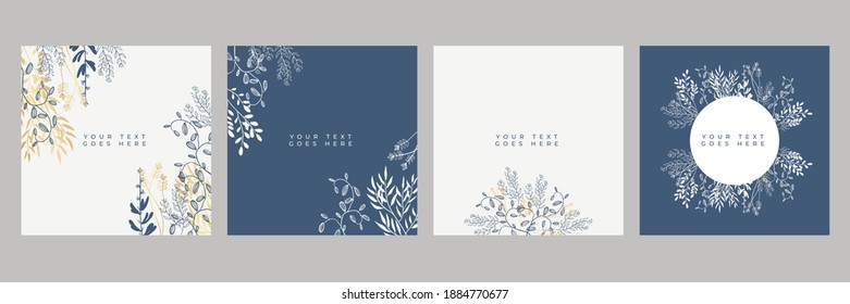 Modelos de diseño de fondo dorado floral y blanco a la moda. Es bueno para el afiche, la tarjeta, la cubierta, la pancarta, la pancarta, el folleto. Plantillas de flores dibujadas a mano para invitaciones de cumpleaños, menú y ducha de bebé