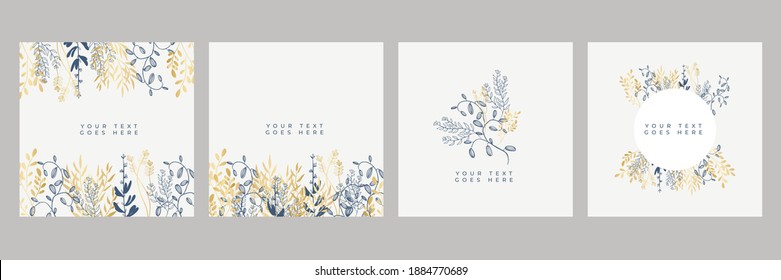 Trendy floral gold and white background design templates. Good for poster, card, cover, banner, placard, brochure. Universal hand drawn floral templates for birthday invitations, menu and baby shower