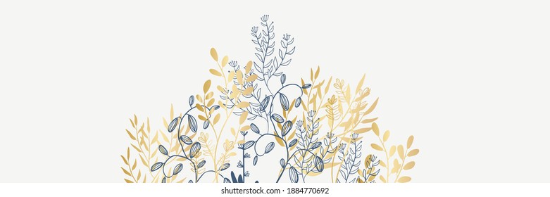 Trendy floral gold and white background design templates. Good for poster, card, cover, banner, placard, brochure. Universal hand drawn floral templates for birthday invitations, menu and baby shower