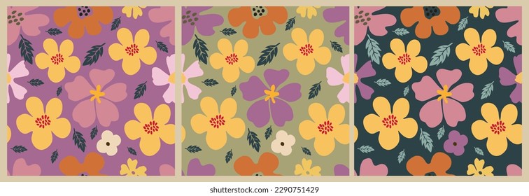 Trendy floral groovy seamless pattern vector set.