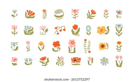Trendy floral icon illustration set. Vintage style flowers on isolated background. Colorful pastel color spring doodle collection. Wedding nature symbol, romantic graphic bundle.