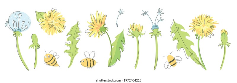 Trendy floral illustration. Hand-drawn contour lines of dandelion flowers.Hand drawn minimalist lines. Cute yellow dandelions with bees. Summer colorful background. Texture design for kids textiles