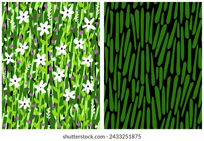 Trendy Floral Irregular Seamless Vector Pattern with Tiny White Flowers and Green Leaves on a Dark Green Background. Infantile Style Abstract Garden Pattern. Hand Drawn Geometric Endless Print. RGB.