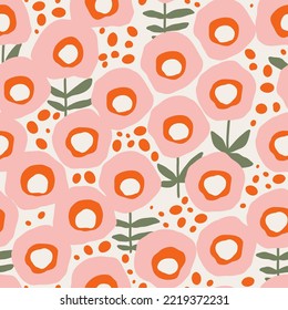 Trendy floral minimalist texture with funny pink flowers and spots on a light background. Creative vector floral seamless pattern. Wallpaper  fabric print wrapping paper or package design.
