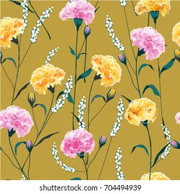 Trendy  Floral pattern in the big carnations.  botanical  Motifs scattered random. Seamless vector texture. Elegant template for fashion prints. Printing with in hand drawn style in grey background.