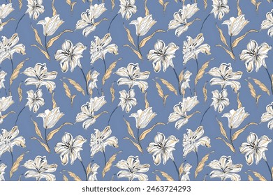 Trendy Floral pattern in the blooming botanical Motifs scattered random. Seamless vector texture. For fashion prints. Printing with in hand drawn style bright blue background.