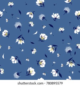 Trendy  Floral pattern in the blooming botanical  Motifs scattered random. Seamless vector texture. For fashion prints. Printing with in hand drawn style bright blue  background.