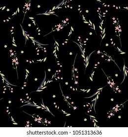 Trendy  Floral pattern blowing flowers. Botanical and meadow  Seamless vector texture. Elegant template for fashion prints. Printing with in hand drawn style on blcak background.