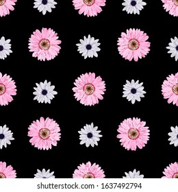Trendy floral pattern with chrysanthemums. Lilac and pink flowers on a bright background. Bright summer fabric and textile design.