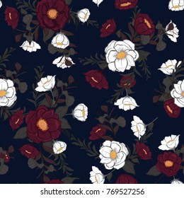 Trendy  Floral pattern in gentle blooming flowers. Motifs scattered random. Seamless vector texture. Elegant template for fashion prints on navy blue background.