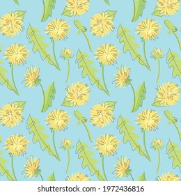 Trendy floral pattern. Hand-drawn contour lines of dandelion flowers. Hand drawn minimalist lines. Cute yellow dandelions. Summer colorful background. Texture design for kids textiles