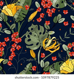 Trendy floral pattern. Isolated seamless pattern. Vintage background. Wallpaper.  Hand drawn. Vector illustration.