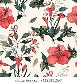 Trendy floral pattern. Isolated seamless pattern. Vintage background. Wallpaper.  Hand drawn. Vector illustration.