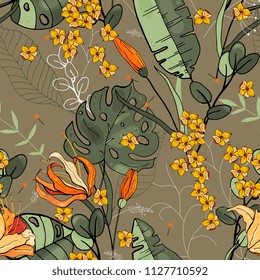 Trendy floral pattern. Isolated seamless pattern. Vintage background. Wallpaper.  Hand drawn. Vector illustration.