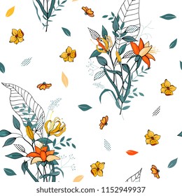 Trendy floral pattern. Isolated seamless pattern. Vintage background. Wallpaper.  Hand drawn. Vector illustration.