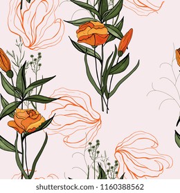 Trendy floral pattern. Isolated seamless pattern. Vintage background. Wallpaper.  Hand drawn. Vector illustration.