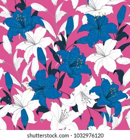 Trendy  Floral pattern lily flowers. Botanical  Motifs scattered random. Seamless vector texture. For fashion prints. Printing with in hand drawn style on fresh pink background.