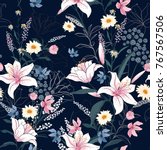 Trendy  Floral pattern in the many kind of flowers. Tropical botanical  Motifs scattered random. Seamless vector texture. Printing with in hand drawn style on dark background.