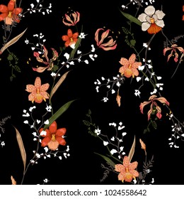 Trendy  Floral pattern in the many kind of flowers. Tropical botanical random. Seamless vector texture. For fashion prints. Printing with in hand drawn style on black background.