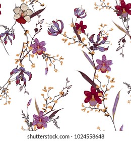 Trendy  Floral pattern in the many kind of flowers. Tropical botanical random. Seamless vector texture. For fashion prints. Printing with in hand drawn style on white  background.