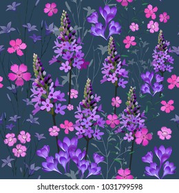 Trendy Floral pattern in the many kind of flowers. Tropical botanical Motifs scattered random. Seamless vector texture. Printing with in hand drawn style on dark background.