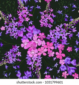 Trendy Floral pattern in the many kind of flowers. Tropical botanical Motifs scattered random. Seamless vector texture. Printing with in hand drawn style on dark background.