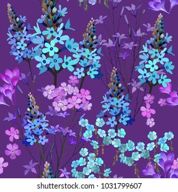 Trendy Floral pattern in the many kind of flowers. Tropical botanical Motifs scattered random. Seamless vector texture. Printing with in hand drawn style on violet background.
