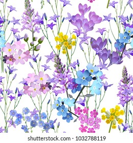 Trendy Floral pattern in the many kind of flowers. Tropical botanical Motifs scattered random. Seamless vector texture. Printing with in hand drawn style on white background.