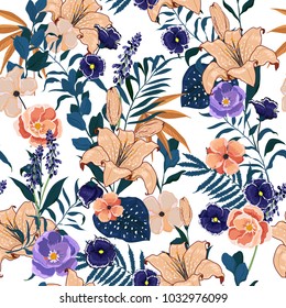 Trendy Floral pattern in the many kind of flowers. Tropical botanical Motifs scattered random. Seamless vector texture. Elegant for fashion prints. Printing with in hand drawn style on white Trendy Floral pattern in the many kind of flowers. Tropical botanical Motifs scattered random. Seamless vector texture. Elegant for fashion prints. Printing with in hand drawn style on white