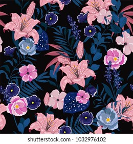 Trendy Floral pattern in the many kind of flowers. Tropical botanical Motifs scattered random. Seamless vector texture. Elegant for fashion prints. Printing with in hand drawn style on dark Trendy Floral pattern in the many kind of flowers. Tropical botanical Motifs scattered random. Seamless vector texture. Elegant for fashion prints. Printing with in hand drawn style on dark