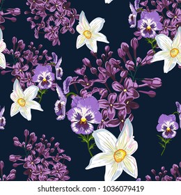 Trendy Floral pattern in the many kind of flowers. Spring seamless pattern, Printing with beautiful flowers. Drack background. Lilac, narcissus, daffodils, viola.