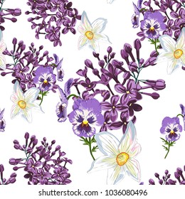 Trendy Floral pattern in the many kind of flowers. Spring seamless pattern, Printing with beautiful flowers. White background. Lilac, narcissus, daffodils, viola.