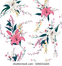 Trendy  Floral pattern in the many kind of flowers. Tropical botanical  Motifs scattered random. Seamless vector texture for fashion prints. Printing with in hand drawn style on white background.