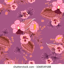 Trendy Floral pattern in the many kind of flowers. Tropical botanical  Motifs scattered random. Seamless vector texture.fashion prints. Printing with in hand drawn style on pink background.