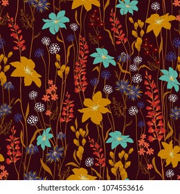 Trendy Floral pattern in the many kind of flowers. Tropical botanical Motifs scattered random. Seamless vector texture. Printing with in hand drawn style. Vinous background