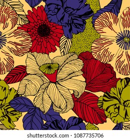 Trendy Floral pattern in the many kind of flowers. Tropical botanical Motifs scattered random. Seamless vector texture. Printing with in hand drawn style.