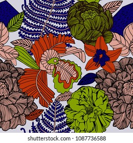Trendy Floral pattern in the many kind of flowers. Tropical botanical Motifs scattered random. Seamless vector texture.