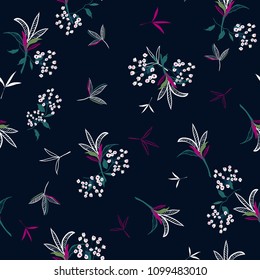 Trendy Floral pattern in the many kind of flowers. Tropical botanical in line hand drawing, Seamless vector texture for fashion fabric on dark blue background. Trendy Floral pattern in the many kind of flowers. Tropical botanical in line hand drawing, Seamless vector texture for fashion fabric on dark blue background.