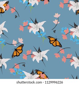 Trendy Floral pattern in the many kind of flowers. Tropical botanical Motifs scattered random. Seamless vector texture. Printing with in hand drawn style on blue background.